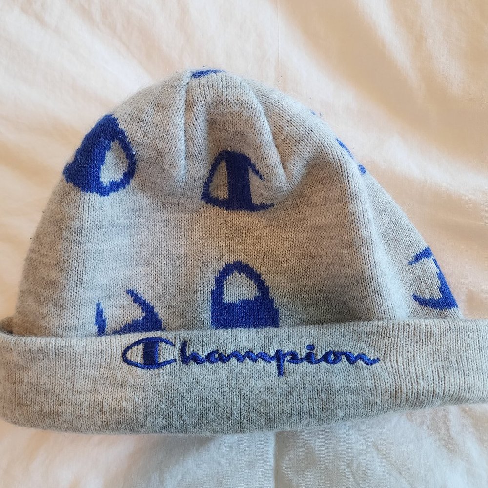 Champion Beanie (One Size but fits tight on larger heads) Grey with Blue